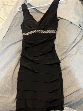le chateau Black Sleeveless V-Neck Mini Dress with Crystal Waistband